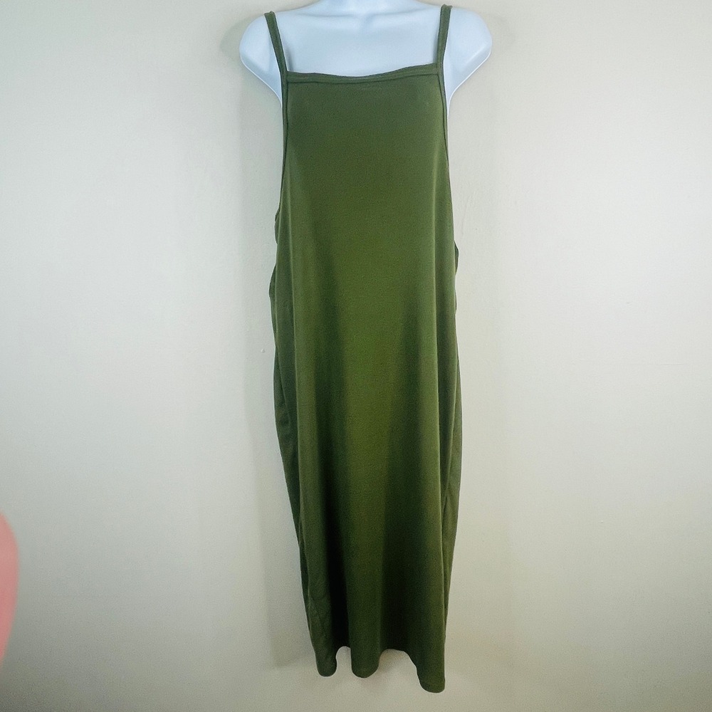 Olive Green Midi Slip Dress - Sleeveless Square Neck